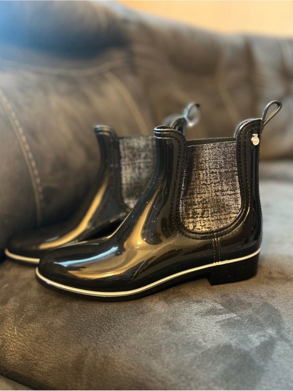 Lemon Jelly Black Chelsea Rain Boots with Textured Elastic Panels